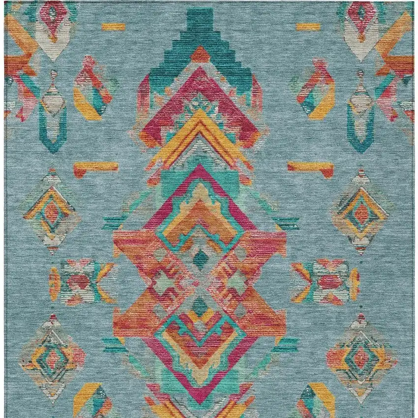 Teal Blue And Ivory Tribal Washable Indoor Outdoor Area Rug Photo 4
