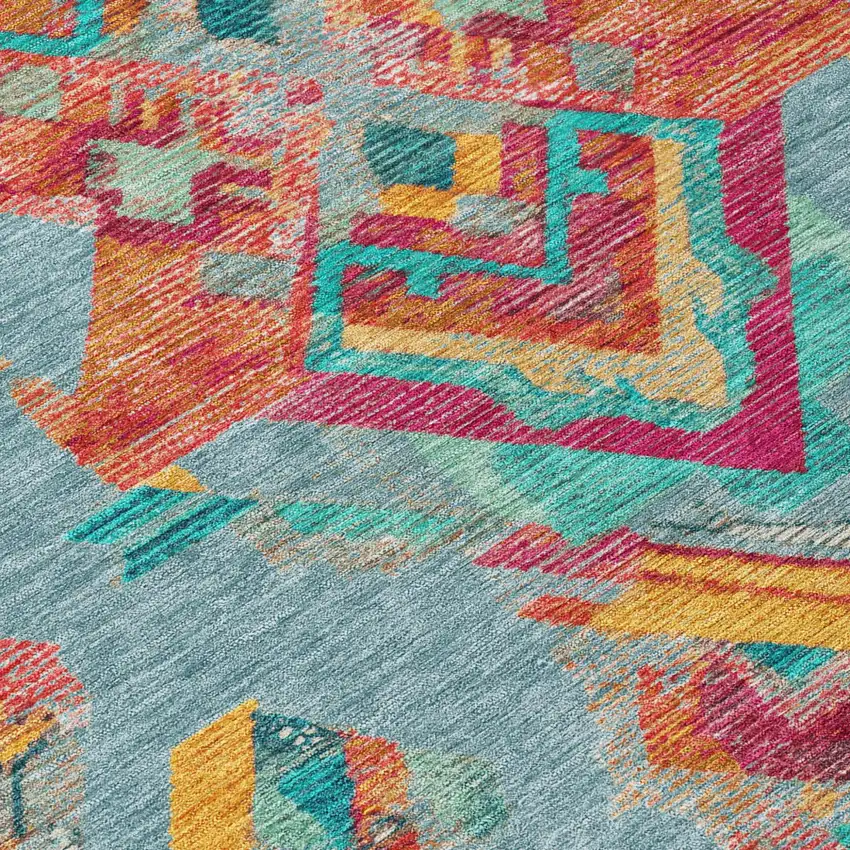 Teal Blue And Ivory Tribal Washable Indoor Outdoor Area Rug Photo 8