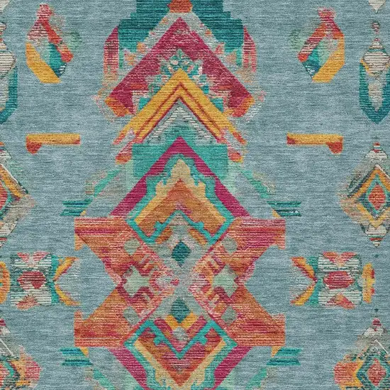 Teal Blue And Ivory Tribal Washable Indoor Outdoor Area Rug Photo 5