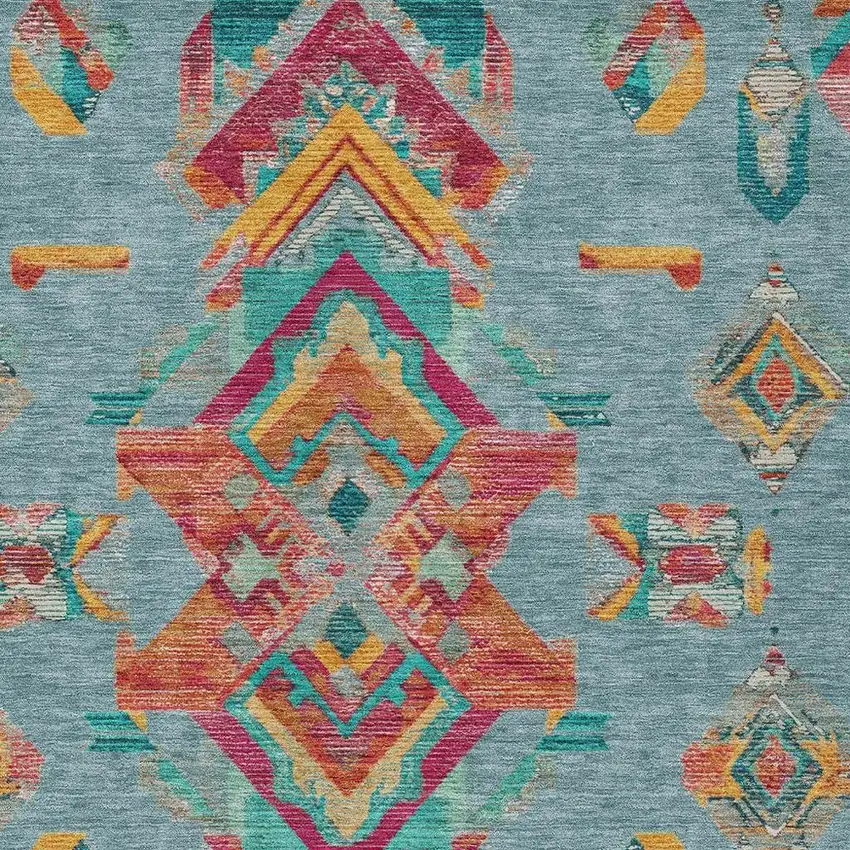 Teal Blue And Ivory Tribal Washable Indoor Outdoor Area Rug Photo 3
