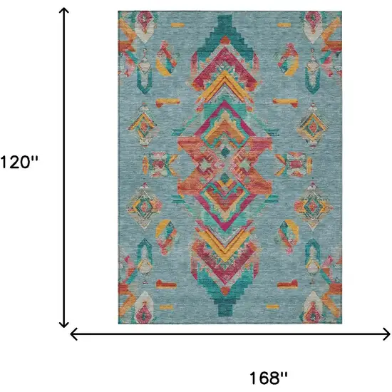 Teal Blue And Ivory Tribal Washable Indoor Outdoor Area Rug Photo 9