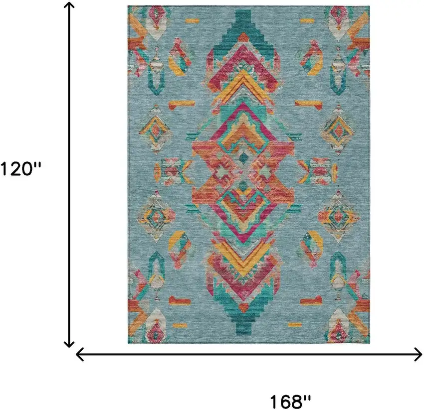 Teal Blue And Ivory Tribal Washable Indoor Outdoor Area Rug Photo 9