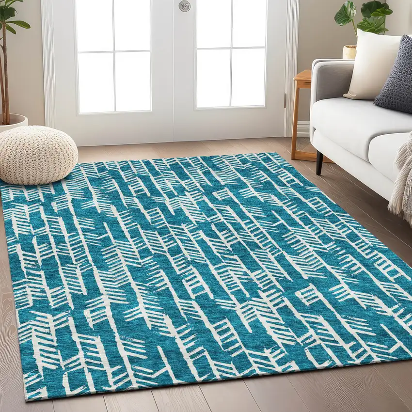 Teal Blue And Ivory Tribal Washable Indoor Outdoor Area Rug Photo 9