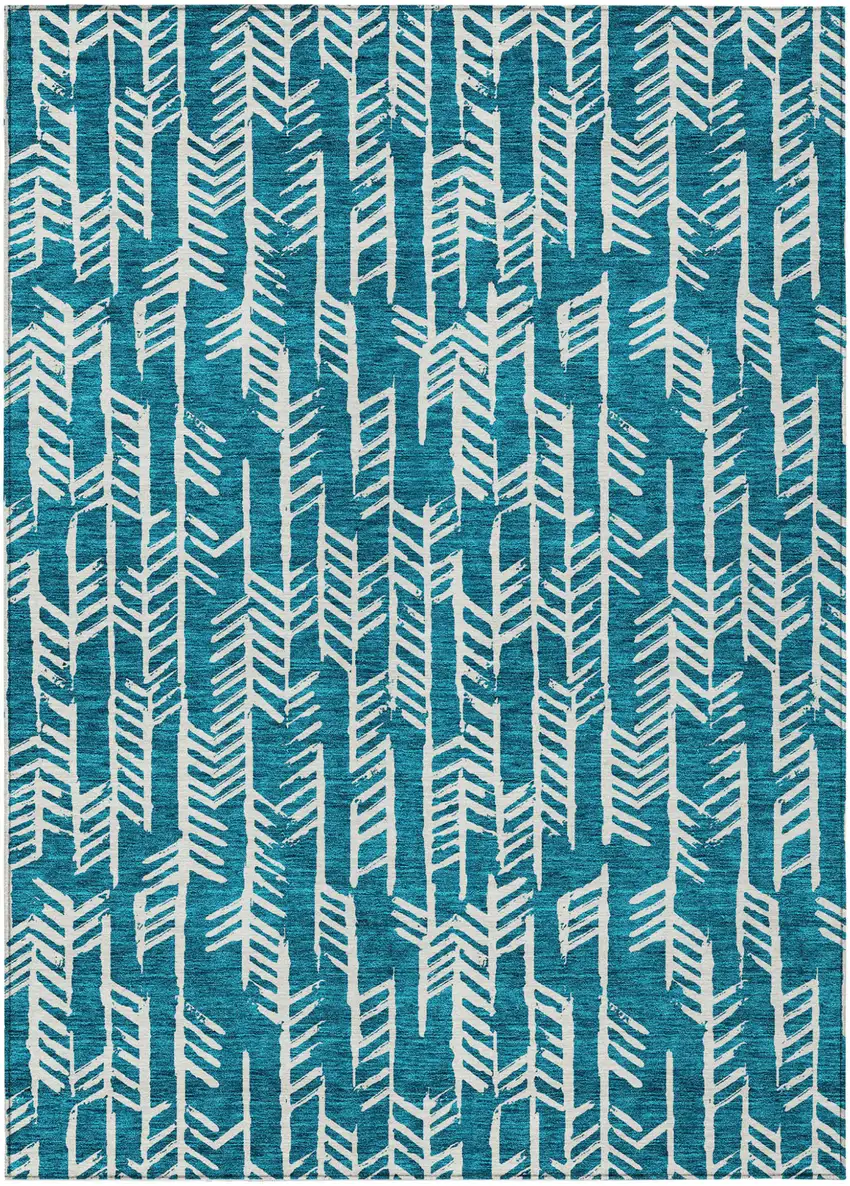 Teal Blue And Ivory Tribal Washable Indoor Outdoor Area Rug Photo 2