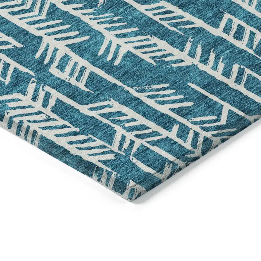 Teal Blue And Ivory Tribal Washable Indoor Outdoor Area Rug Photo 5