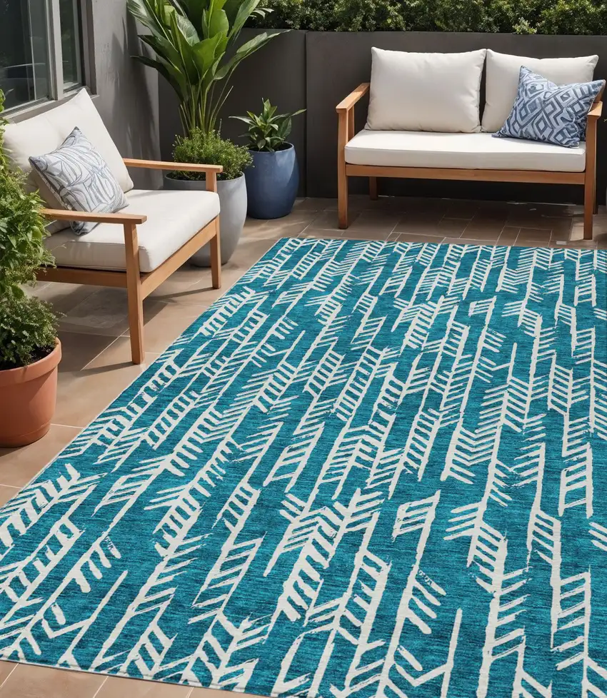 Teal Blue And Ivory Tribal Washable Indoor Outdoor Area Rug Photo 1