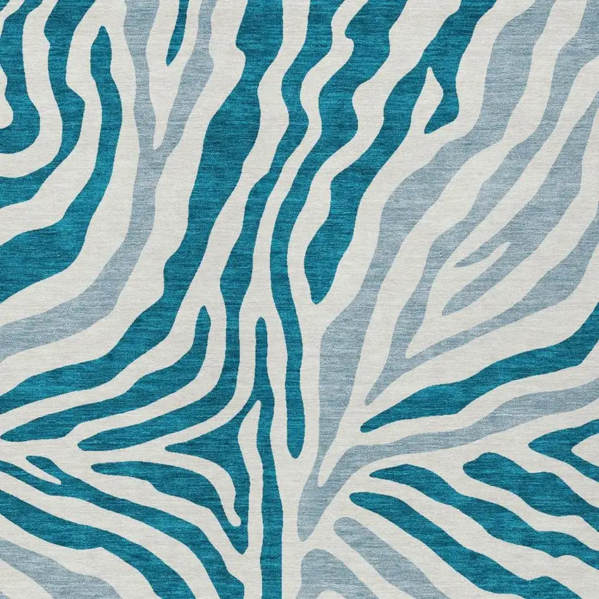 Teal Blue And Ivory Zebra Print Washable Indoor Outdoor Area Rug Photo 3
