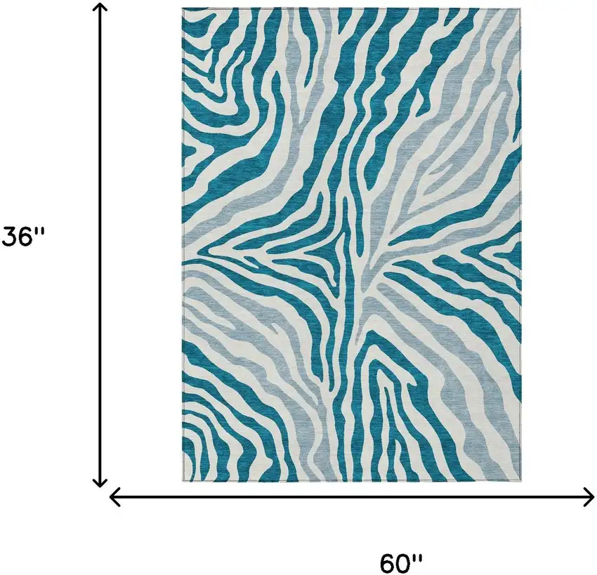 Teal Blue And Ivory Zebra Print Washable Indoor Outdoor Area Rug Photo 7