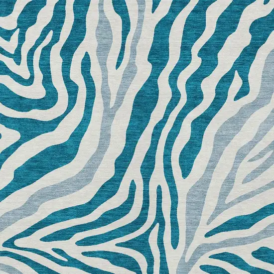 Teal Blue And Ivory Zebra Print Washable Indoor Outdoor Area Rug Photo 3