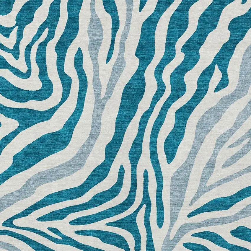 Teal Blue And Ivory Zebra Print Washable Indoor Outdoor Area Rug Photo 3