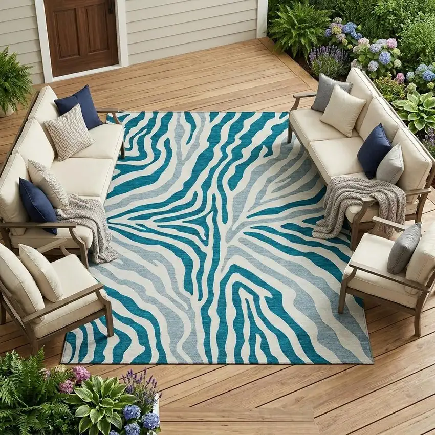 Teal Blue And Ivory Zebra Print Washable Indoor Outdoor Area Rug Photo 1