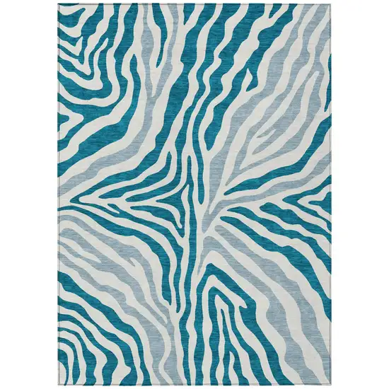 Teal Blue And Ivory Zebra Print Washable Indoor Outdoor Area Rug Photo 2
