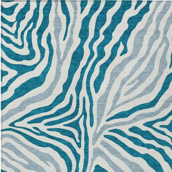 Teal Blue And Ivory Zebra Print Washable Indoor Outdoor Area Rug Photo 4