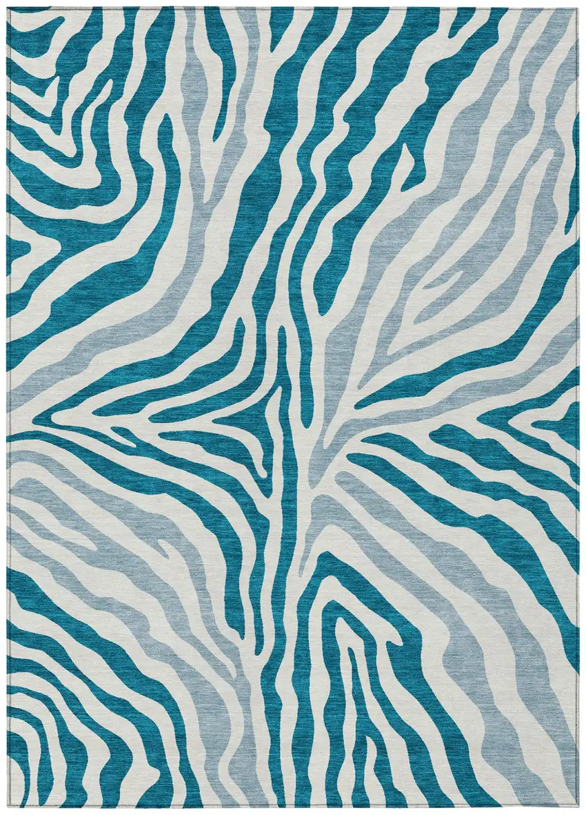 Teal Blue And Ivory Zebra Print Washable Indoor Outdoor Area Rug Photo 2