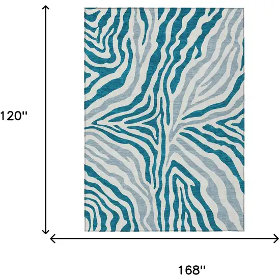 Teal Blue And Ivory Zebra Print Washable Indoor Outdoor Area Rug Photo 7