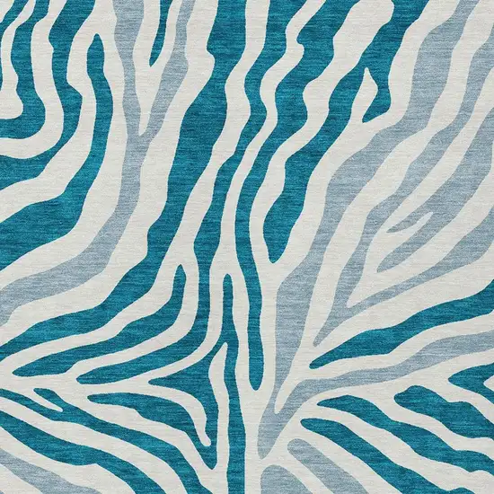 Teal Blue And Ivory Zebra Print Washable Indoor Outdoor Area Rug Photo 3