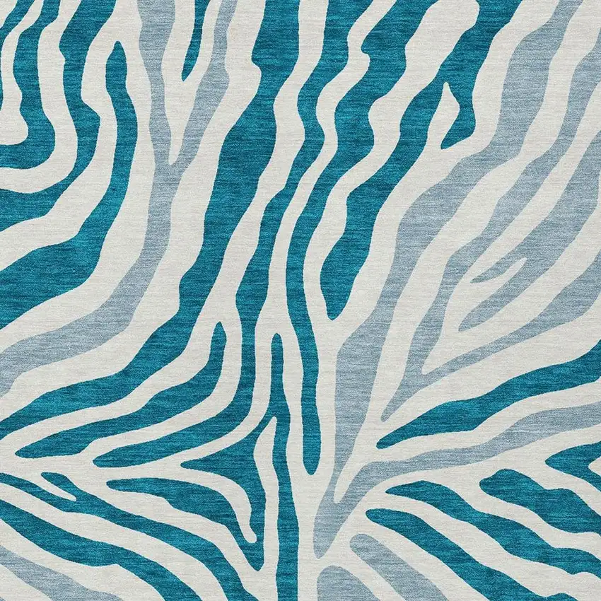 Teal Blue And Ivory Zebra Print Washable Indoor Outdoor Area Rug Photo 3