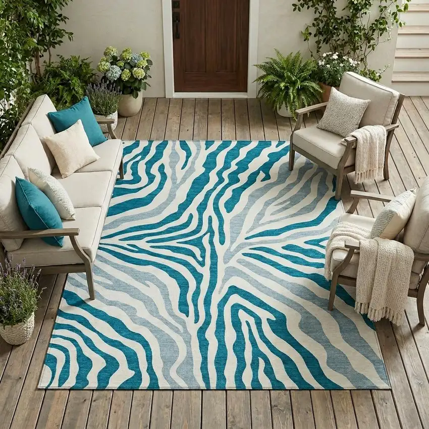 Teal Blue And Ivory Zebra Print Washable Indoor Outdoor Area Rug Photo 1