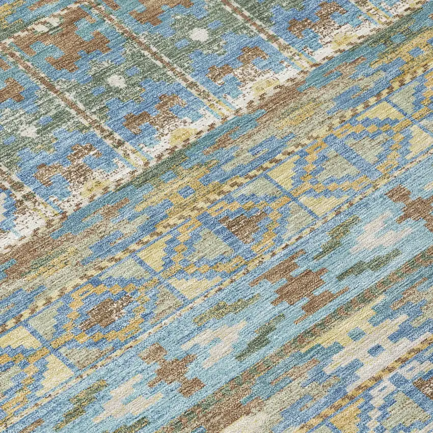 Teal Blue And Khaki Geometric Washable Indoor Outdoor Area Rug Photo 5