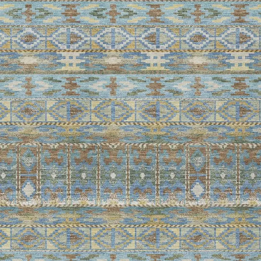 Teal Blue And Khaki Geometric Washable Indoor Outdoor Area Rug Photo 2