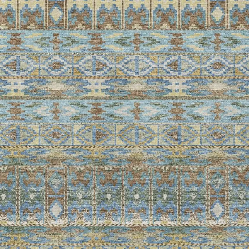 Teal Blue And Khaki Geometric Washable Indoor Outdoor Area Rug Photo 2