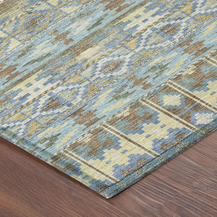 Teal Blue And Khaki Geometric Washable Indoor Outdoor Area Rug Photo 4