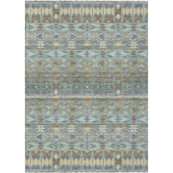 Teal Blue And Khaki Geometric Washable Indoor Outdoor Area Rug Photo 1