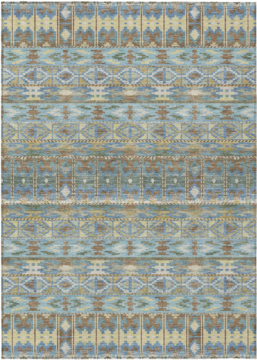 Teal Blue And Khaki Geometric Washable Indoor Outdoor Area Rug Photo 1