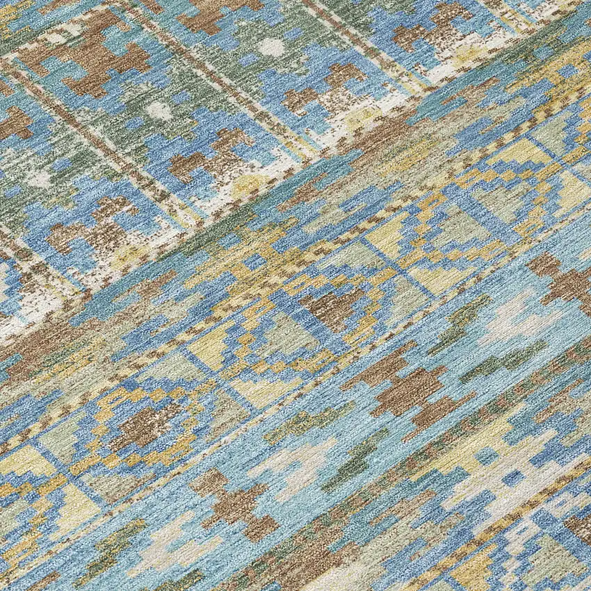 Teal Blue And Khaki Geometric Washable Indoor Outdoor Area Rug Photo 5