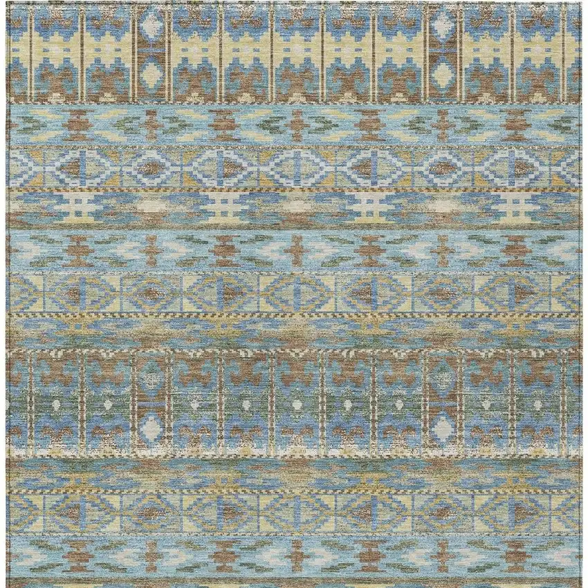 Teal Blue And Khaki Geometric Washable Indoor Outdoor Area Rug Photo 3