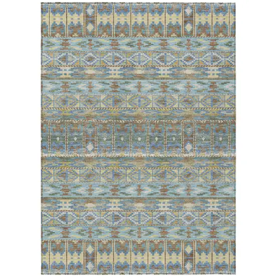 Teal Blue And Khaki Geometric Washable Indoor Outdoor Area Rug Photo 1