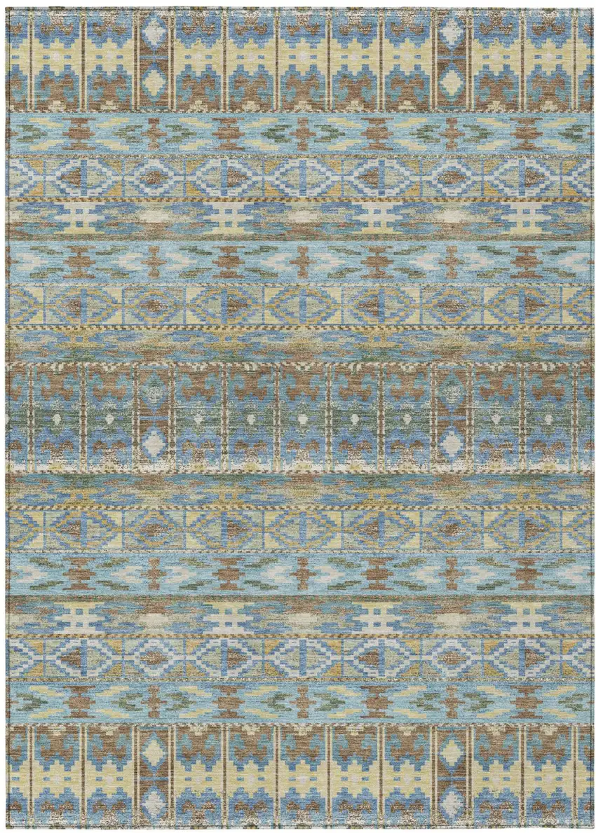Teal Blue And Khaki Geometric Washable Indoor Outdoor Area Rug Photo 1