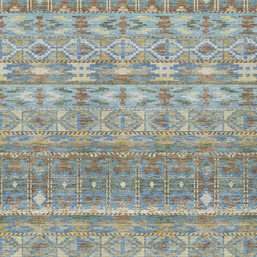 Teal Blue And Khaki Geometric Washable Indoor Outdoor Area Rug Photo 2
