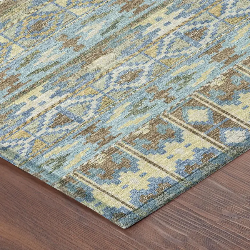 Teal Blue And Khaki Geometric Washable Indoor Outdoor Area Rug Photo 4