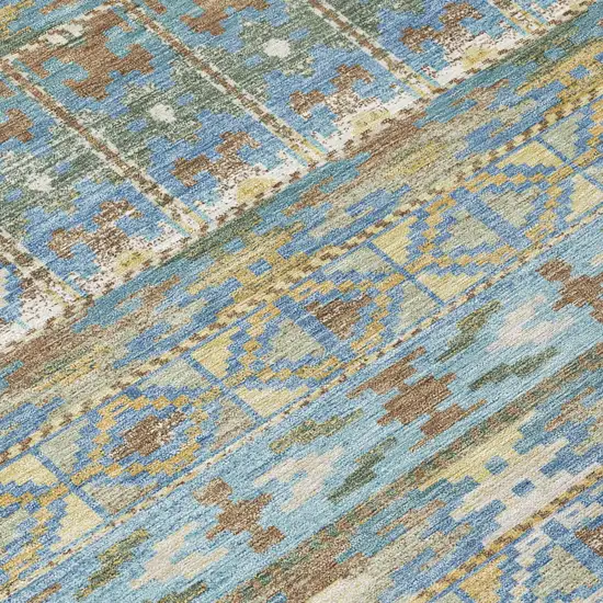 Teal Blue And Khaki Geometric Washable Indoor Outdoor Area Rug Photo 5
