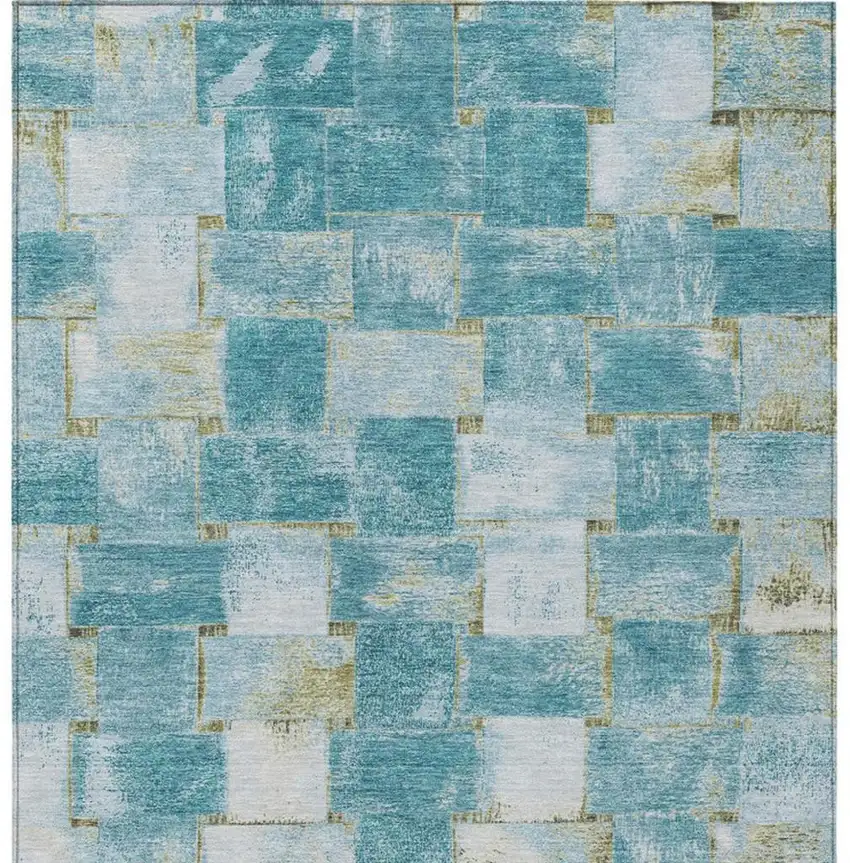 Teal Blue And Khaki Striped Washable Indoor Outdoor Area Rug Photo 9