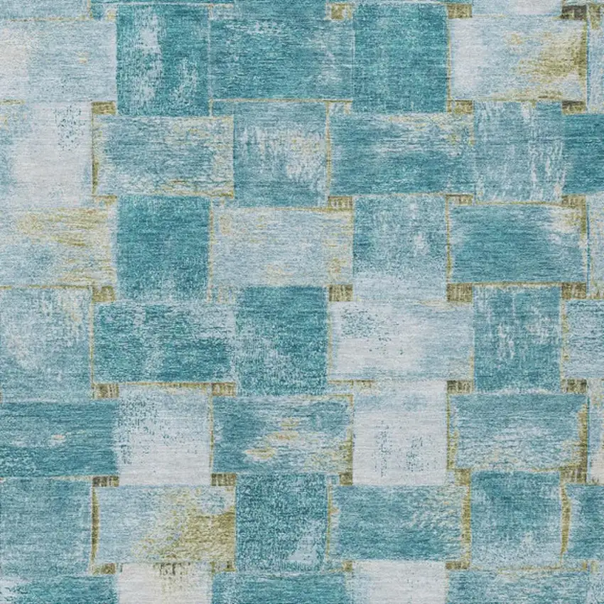 Teal Blue And Khaki Striped Washable Indoor Outdoor Area Rug Photo 3