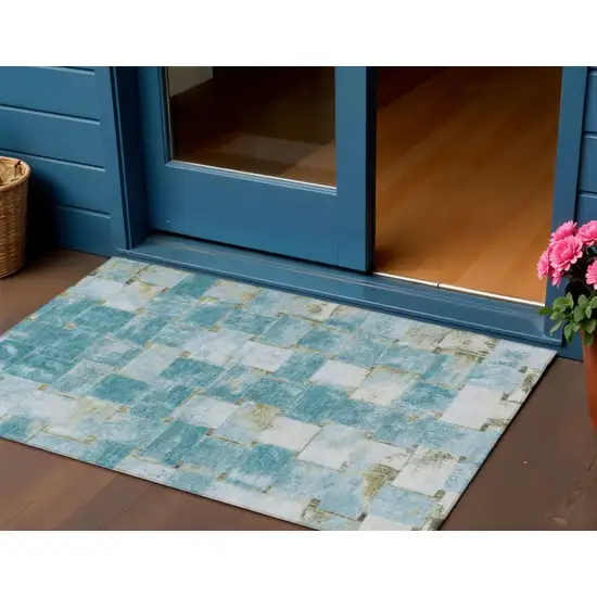 Teal Blue And Khaki Striped Washable Indoor Outdoor Area Rug Photo 2