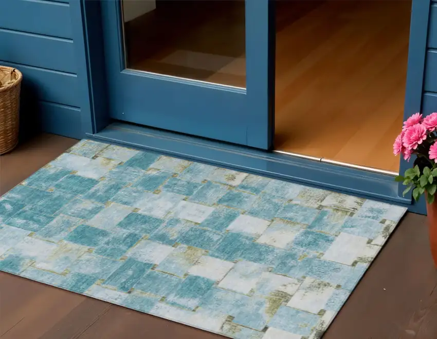 Teal Blue And Khaki Striped Washable Indoor Outdoor Area Rug Photo 2
