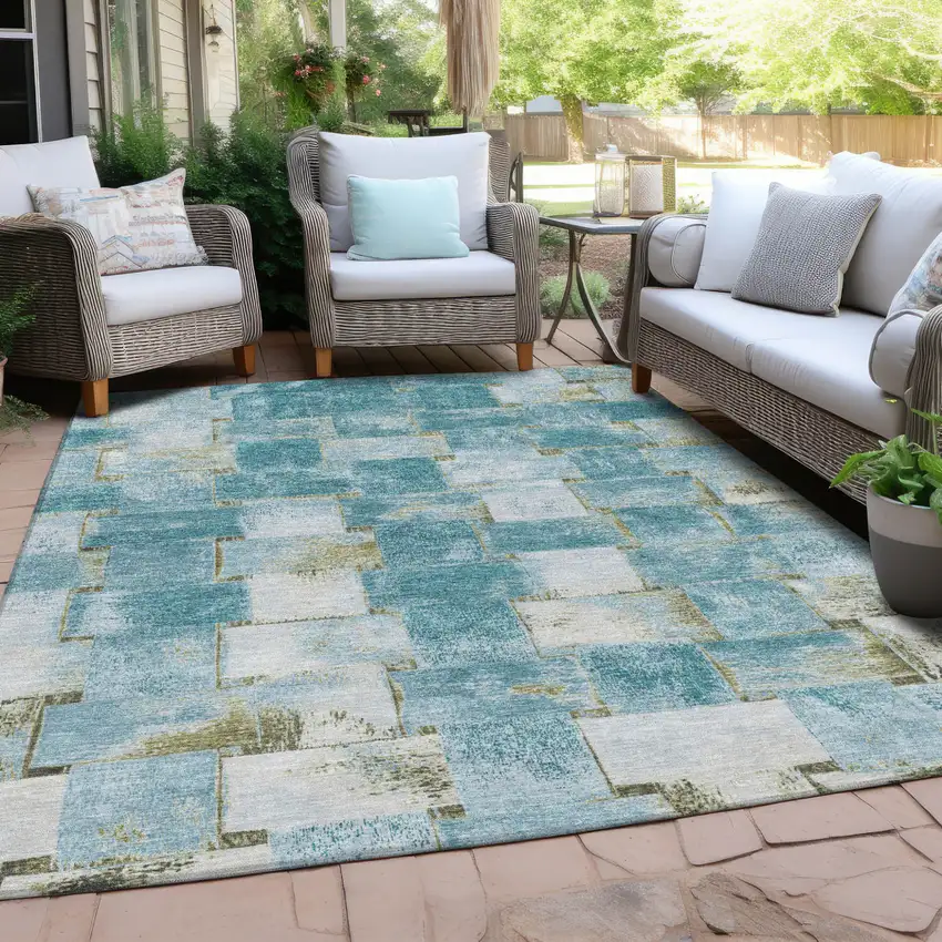 Teal Blue And Khaki Striped Washable Indoor Outdoor Area Rug Photo 5
