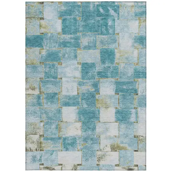 Teal Blue And Khaki Striped Washable Indoor Outdoor Area Rug Photo 3