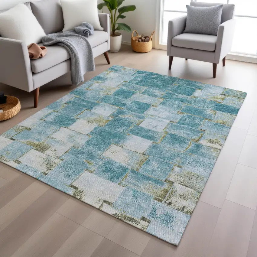 Teal Blue And Khaki Striped Washable Indoor Outdoor Area Rug Photo 6