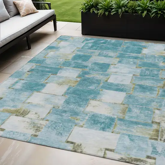 Teal Blue And Khaki Striped Washable Indoor Outdoor Area Rug Photo 2