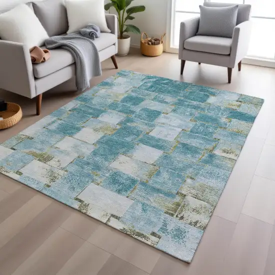Teal Blue And Khaki Striped Washable Indoor Outdoor Area Rug Photo 6