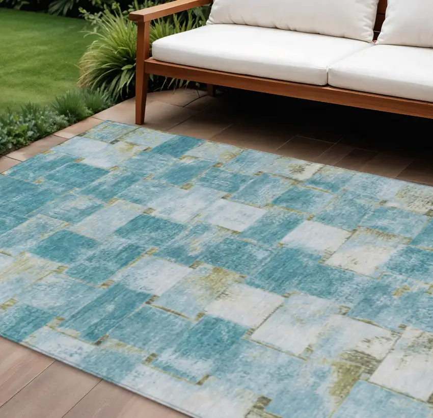 Teal Blue And Khaki Striped Washable Indoor Outdoor Area Rug Photo 2
