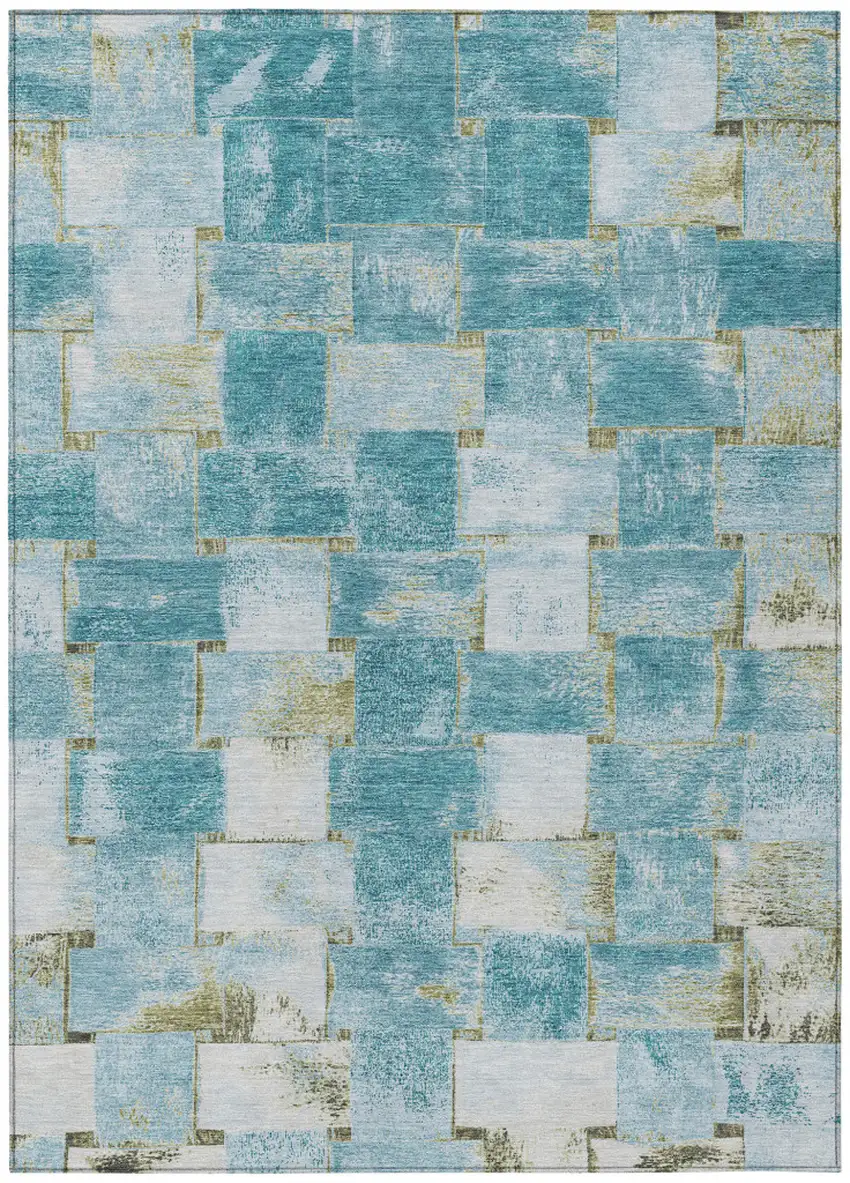 Teal Blue And Khaki Striped Washable Indoor Outdoor Area Rug Photo 1