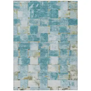 Photo of Teal Blue And Khaki Striped Washable Indoor Outdoor Area Rug