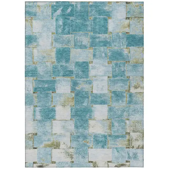 Teal Blue And Khaki Striped Washable Indoor Outdoor Area Rug Photo 1