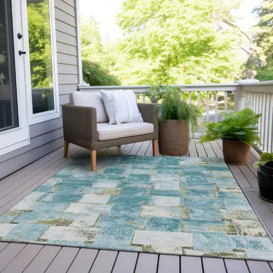 Teal Blue And Khaki Striped Washable Indoor Outdoor Area Rug Photo 8