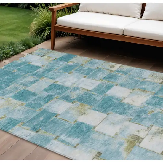 Teal Blue And Khaki Striped Washable Indoor Outdoor Area Rug Photo 2